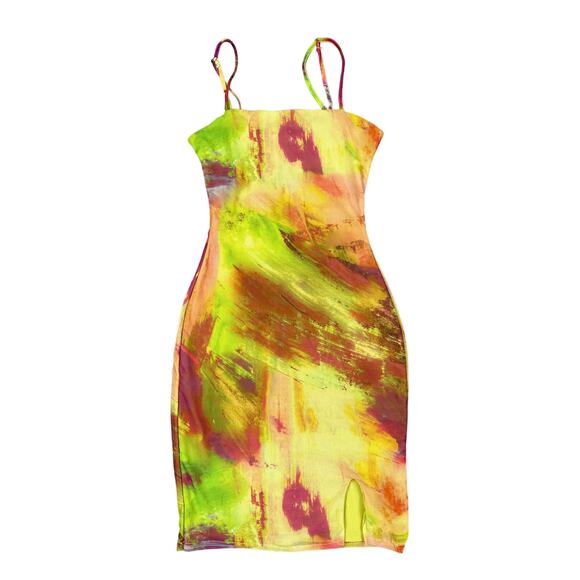 Club L - Lime Print Sleeveless Bodycon mini Dress in Orange Pink Lime & Yellow - Picture 1 of 3